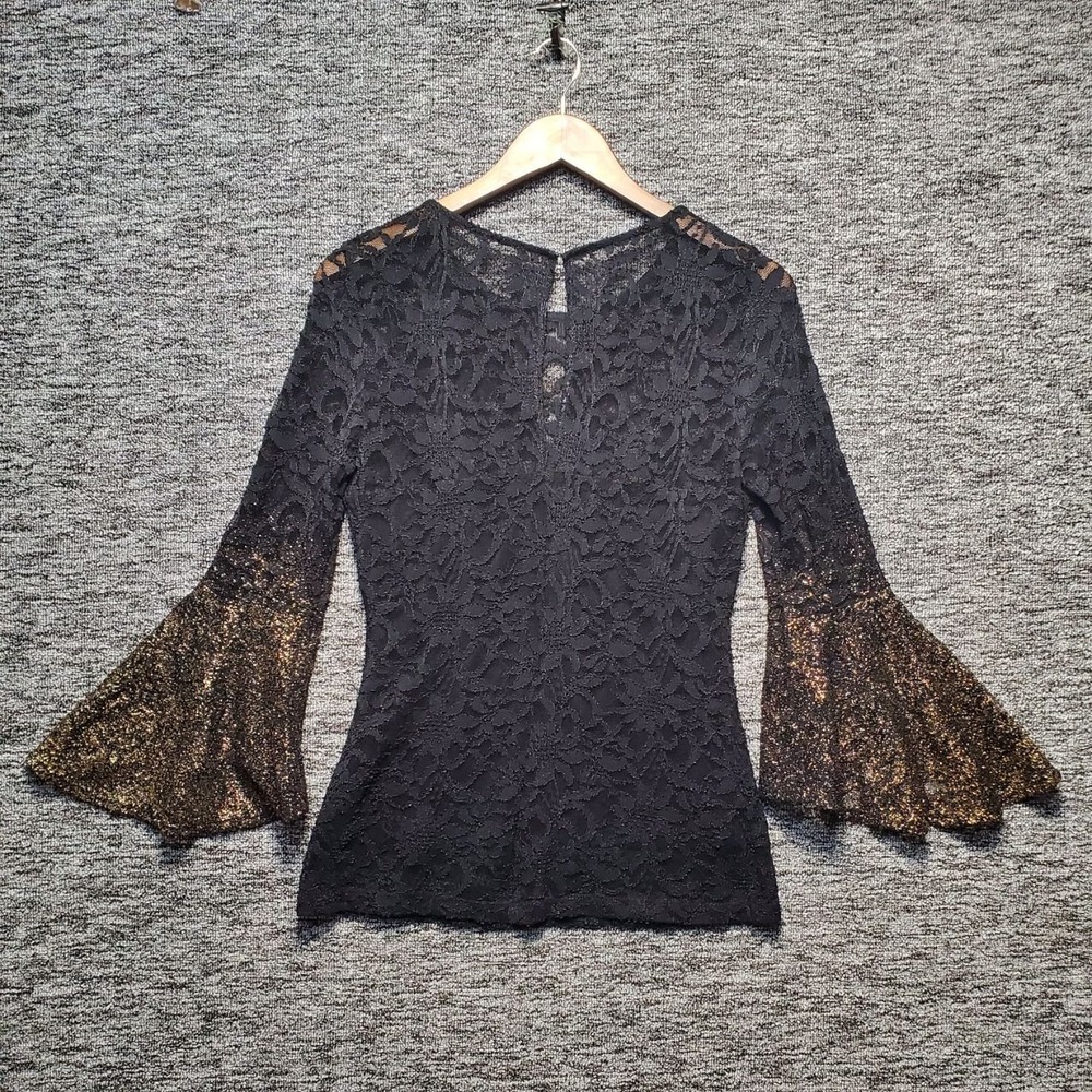 Marina Goth Glam Top Womens S Black Floral Lace Gold Glitter Flared Bell Sleeve
